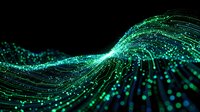 Digital wave of glowing green particles flowing across dark background, representing data stream, technology, innovation, and digital transformation for tech presentations.