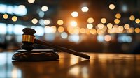 Wooden judge gavel on desk with warm bokeh lights background for legal justice and courtroom proceedings.