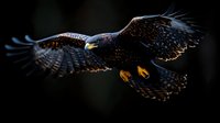 Majestic eagle with spread wings soaring against dark background, dramatic lighting highlights feather detail and powerful flight posture in wildlife photography.