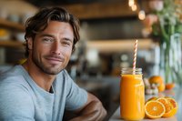 Smiling athletic man in grey sweater enjoying fresh orange smoothie in glass jar with straw. Healthy lifestyle and natural nutrition concept in cozy cafe setting.