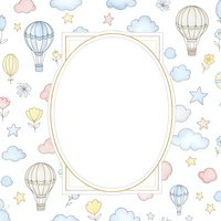Pastel hot air balloons clouds stars frame background for baby shower invitation card design nursery decor children birthday party template.