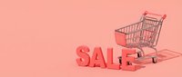 Shopping cart with bold SALE text on a coral pink background, promoting retail discounts, seasonal offers, and e-commerce marketing campaigns.