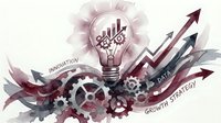 Business innovation concept with lightbulb, gears and upward arrows representing growth strategy, data analysis and creative solutions for corporate development.