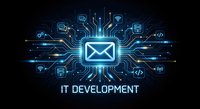 IT development concept with glowing email icon surrounded by digital circuit patterns and technology symbols on dark background for business presentations.