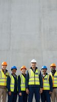 Diverse construction team wearing safety vests and hard hats standing together at building site with concrete wall background for teamwork concepts.