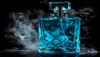 Luminous blue crystal perfume bottle surrounded by mystical smoke on black background, dramatic lighting creates luxurious atmosphere for fragrance advertising.