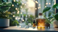 Aromatic essential oil bottle with dropper surrounded by crystals and houseplants against bokeh lights background, creating serene wellness atmosphere.