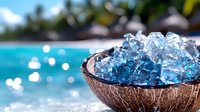 Fresh ice cubes in coconut shell bowl against tropical beach background with turquoise water and palm trees, summer refreshment concept with bokeh effect.