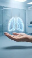 Holographic lungs floating above open palm in modern medical facility representing respiratory health care and pulmonary medicine innovation.