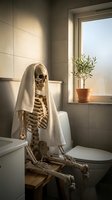 Skeleton wearing white towel sitting on toilet in modern bathroom with potted plant on windowsill, surreal and humorous bathroom decor concept.