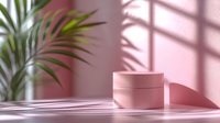 Pink cosmetic jar on pastel background with palm leaf and window shadow overlay creating minimal modern composition for beauty product presentation.