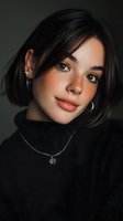Young woman with freckles and short dark hair wearing black sweater and silver jewelry against dark background, perfect for beauty and fashion advertising.