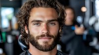 Young handsome Caucasian man with curly brown hair and beard smiling confidently in modern office or coworking space for business and professional concepts.