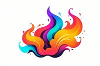 Vibrant fluid shapes in motion featuring dynamic swirls of orange, purple, red, yellow and turquoise colors creating abstract flame-like composition on white background.