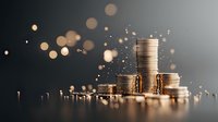 Golden coins stacked in piles with magical bokeh light effects on dark background, symbolizing wealth, investment, and financial growth.
