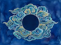 Traditional Asian cloud frame on deep blue watercolor background with circular copy space, perfect for greeting cards and decorative designs.