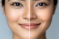Before and after comparison showing skin retouching and beauty enhancement on Asian woman face against blue background, demonstrating professional photo editing results.