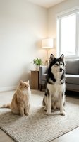 Siberian husky dog and orange tabby cat sitting together on rug in modern living room with natural light from window creating cozy domestic scene.