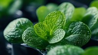 Fresh green mint leaves with water drops and textured surface in macro photography, natural organic herbs for culinary and aromatherapy uses.