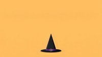 Black witch hat with buckle on golden yellow background, isolated design element for Halloween graphics, costumes, and seasonal marketing materials.