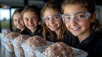 Young female students in safety goggles smile while conducting science experiment with growing mushroom cultures in clear containers during biology class.