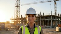 Female construction worker in hard hat and safety vest at building site during golden hour sunset with cranes and concrete structure in background.