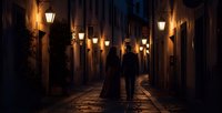 Romantic couple walking hand in hand through narrow cobblestone alley at night with warm glowing street lamps creating intimate atmospheric lighting for dating concepts.