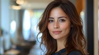 Young woman with wavy brown hair and natural makeup smiling softly in blurred cafe background, perfect for lifestyle or beauty advertising.