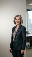 Middle-aged woman with gray hair wearing dark blazer and taupe blouse, standing in modern office environment with white walls and natural light for corporate portraits and business headshots.