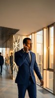Professional African American businessman in navy suit talking on phone in modern office lobby with glass walls and warm lighting during golden hour.