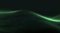 Glowing green wave pattern of connected dots forming dynamic digital landscape against dark background, representing technology network and data flow.