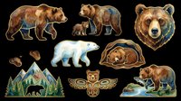 Watercolor bear clipart set with grizzly, polar bear, cubs, mountain scene, and totem art, isolated on transparent background. Great for stickers, t-shirt design, print on demand.