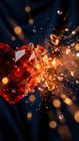 Red crystal gemstones exploding with dramatic sparks and golden bokeh lights on dark background for luxury jewelry and precious stone concepts.