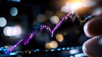 Glowing purple and blue financial chart line trending upward against dark background with bokeh lights, showing market growth and investment success.
