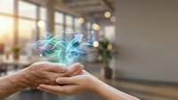 Hands holding glowing digital network connections with data streams in modern office environment representing technology collaboration and innovation.
