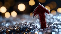 Red glittery arrow pointing upward against dark background with golden bokeh lights, symbolizing growth, success and positive direction in business concept.