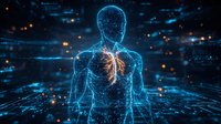 Digital hologram of human body with glowing lungs and heart highlighted against dark background with blue light particles and data streams.