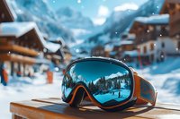 Ski goggles with mountain village reflection on wooden terrace, snowy alpine resort backdrop during winter vacation.
