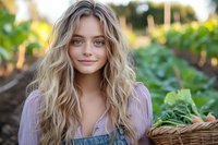 Young woman with long blonde wavy hair wearing denim overalls and purple top smiling in garden setting with harvest basket during golden hour sunset.