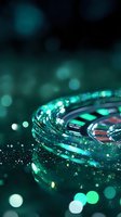 Casino roulette wheel with turquoise bokeh lights and glitter effects creating atmospheric gambling environment. Luxury entertainment concept with dramatic lighting.