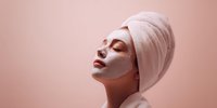 Young woman with white facial mask and towel wrapped around head enjoying spa treatment on pink background for skincare and wellness concepts.