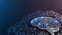 Digital brain with circuit board patterns on dark gradient background representing artificial intelligence and machine learning technology.