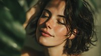 Young brunette woman with closed eyes enjoying warm sunlight on her face in peaceful moment of relaxation and tranquility.