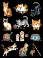 Cute cat sticker sheet with kittens, paws, yarn, and pet accessories, isolated on transparent background. Great for t-shirt design, clipart, print on demand, and stickers.