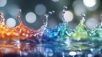 Colorful water drops splashing in sequence creating rainbow effect with bokeh background, macro photography showing liquid motion and reflection on water surface.