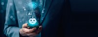 Businessman holding smartphone with artificial intelligence chatbot interface and glowing digital network connections for modern technology communication.