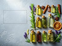 Essential oils collection in glass bottles with herbs and spices on textured background. Natural aromatherapy ingredients for wellness and spa treatments.