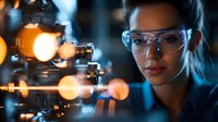 Young female scientist in protective eyewear examining laboratory equipment with glowing orange bokeh lights in dark research facility against blue background.