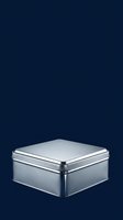 Metallic square storage box with hinged lid isolated on dark navy background, suitable for product mockups and packaging design.