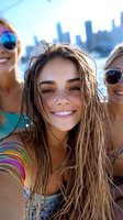 Three young women taking selfie with city skyline background on sunny day. Happy friends wearing sunglasses enjoying summer vacation together outdoors.